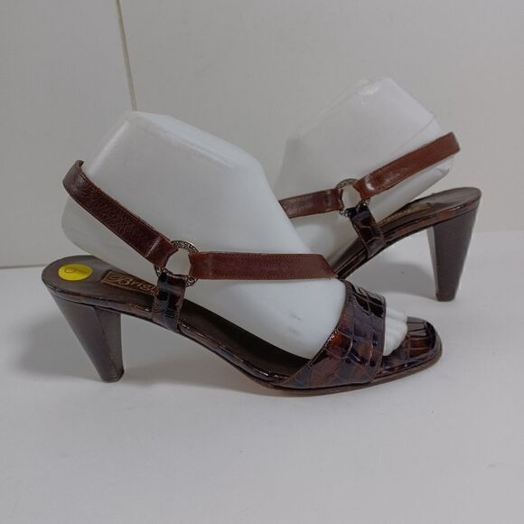 BRIGHTON WOMENS MADE IN ITALY SOFT BROWN CROC LEATHER MID HEEL MULE SANDAL 9 - Picture 1 of 12